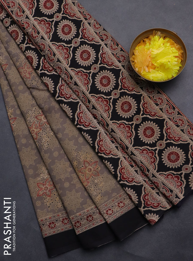 Jaipur cotton saree grey and black with allover ajrakh prints and printed border