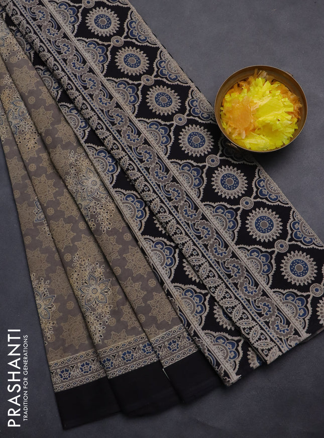 Jaipur cotton saree grey and black with allover ajrakh prints and printed border