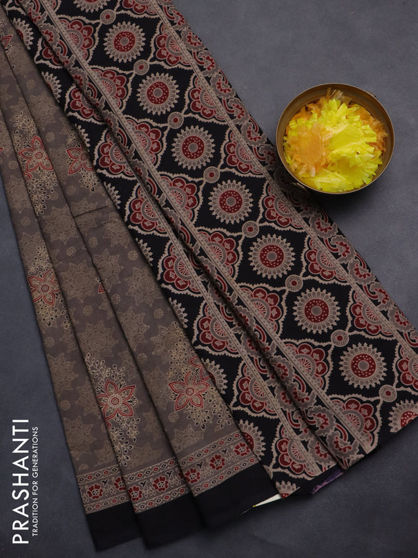 Jaipur cotton saree grey and black with allover ajrakh prints and printed border