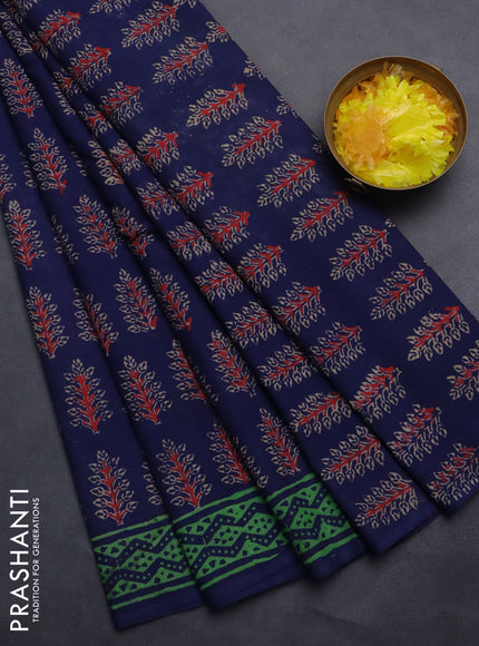 Jaipur cotton saree dark blue and green with butta prints and printed border
