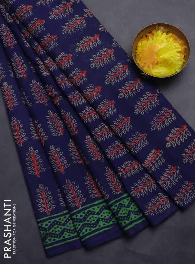 Jaipur cotton saree dark blue and green with butta prints and printed border