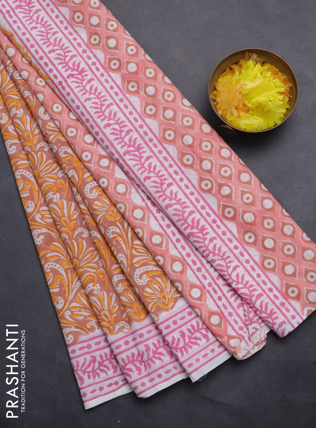 Jaipur cotton saree pale orange and off white with allover prints and printed border
