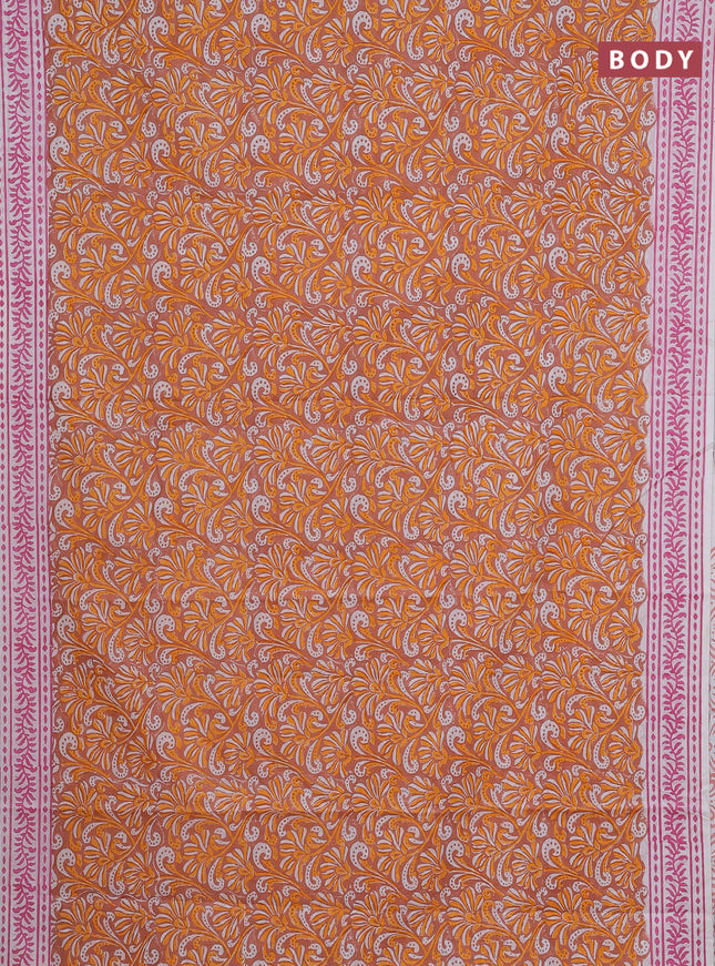 Jaipur cotton saree pale orange and off white with allover prints and printed border