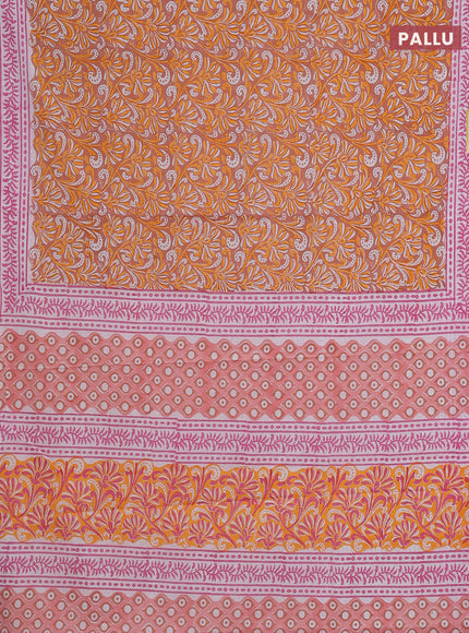 Jaipur cotton saree pale orange and off white with allover prints and printed border
