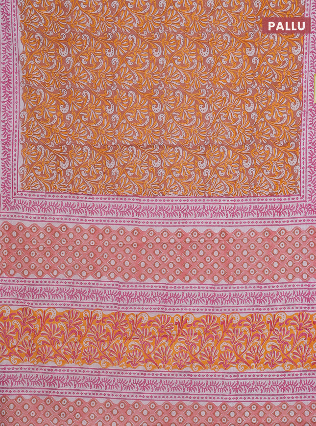 Jaipur cotton saree pale orange and off white with allover prints and printed border