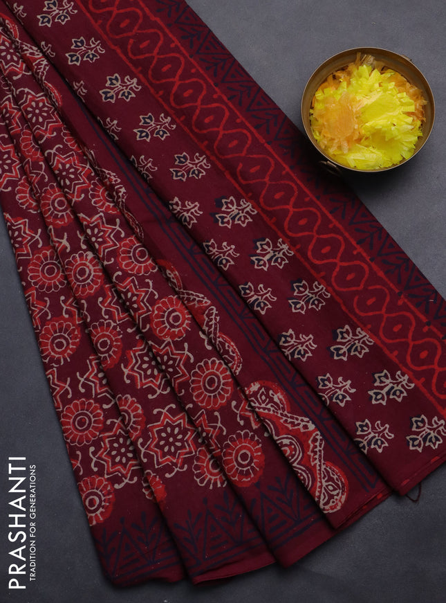 Jaipur cotton saree maroon with allover ajrakh prints and printed border