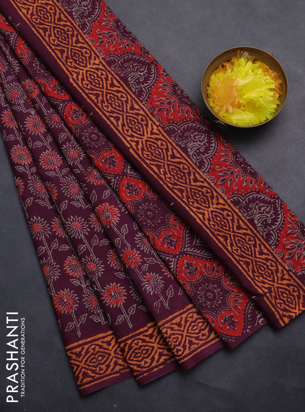 Jaipur cotton saree wine shade with allover floral prints and printed border