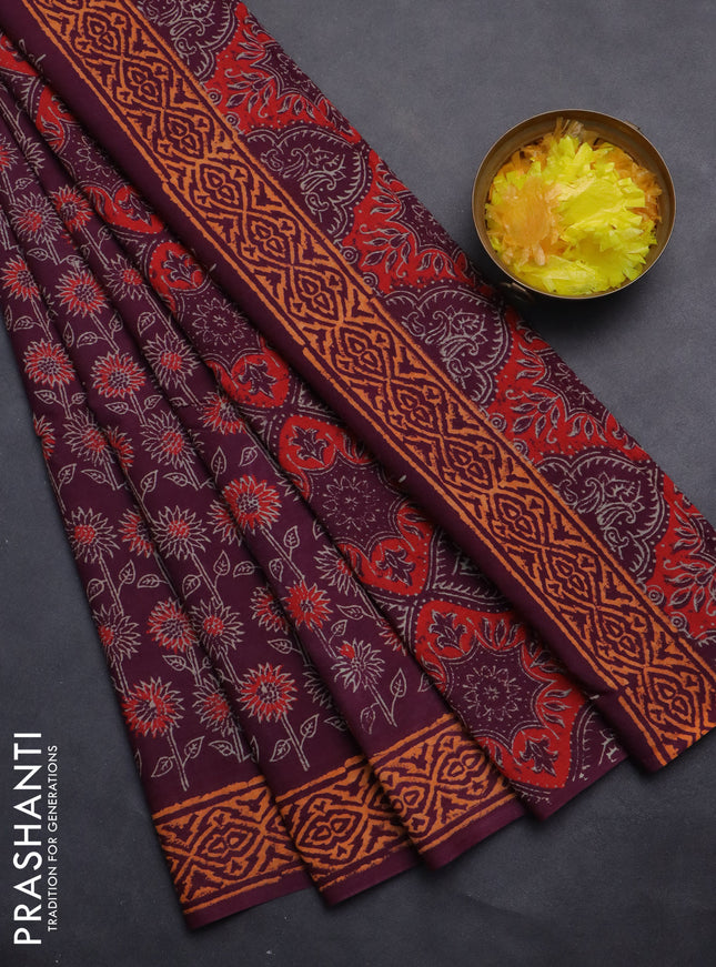 Jaipur cotton saree wine shade with allover floral prints and printed border