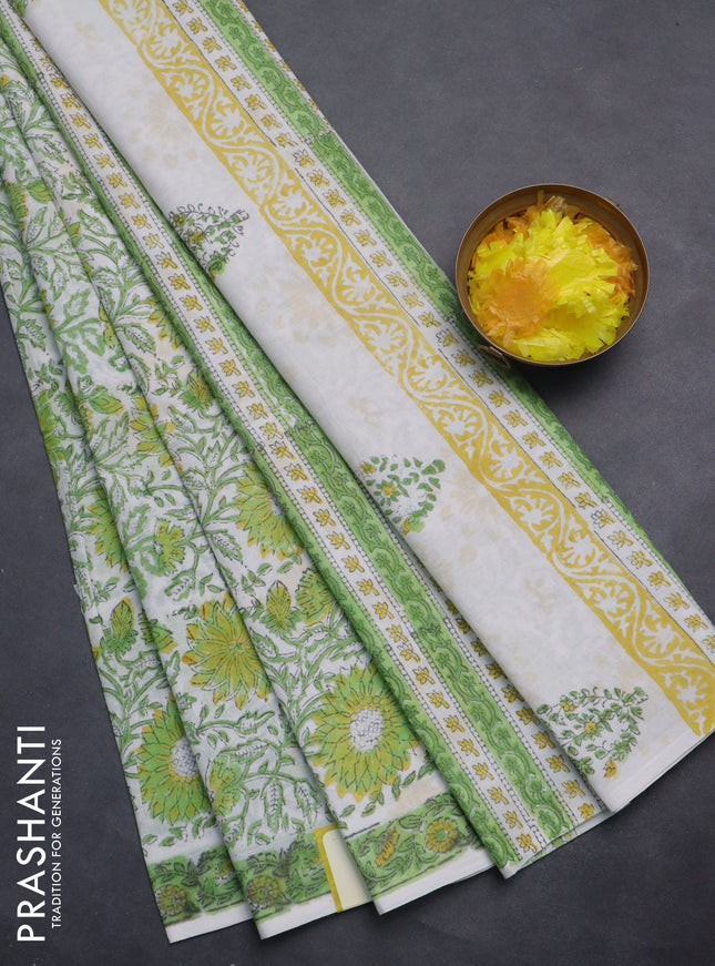 Jaipur cotton saree off white and light green with allover floral prints and printed border