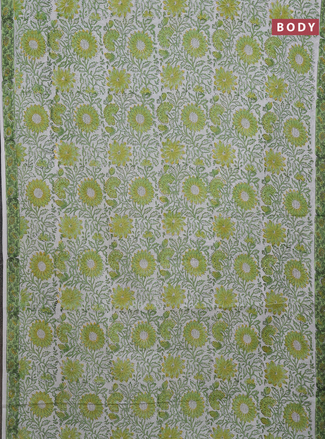 Jaipur cotton saree off white and light green with allover floral prints and printed border