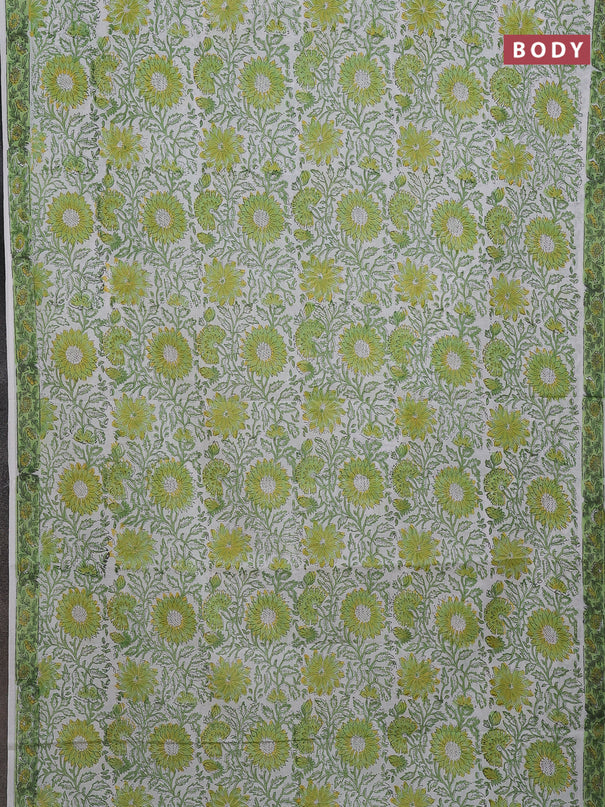 Jaipur cotton saree off white and light green with allover floral prints and printed border