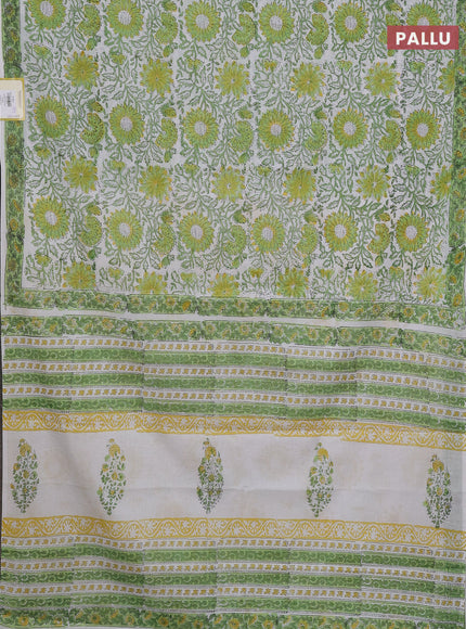 Jaipur cotton saree off white and light green with allover floral prints and printed border