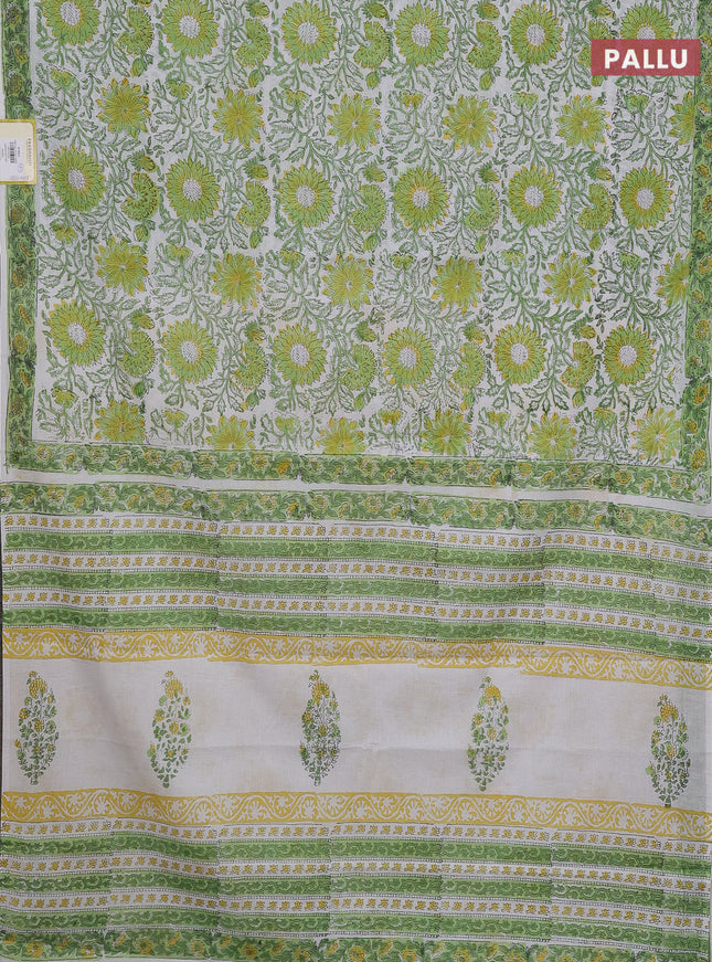 Jaipur cotton saree off white and light green with allover floral prints and printed border