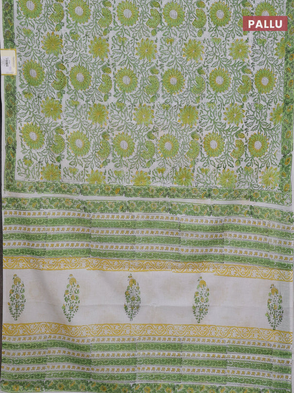 Jaipur cotton saree off white and light green with allover floral prints and printed border