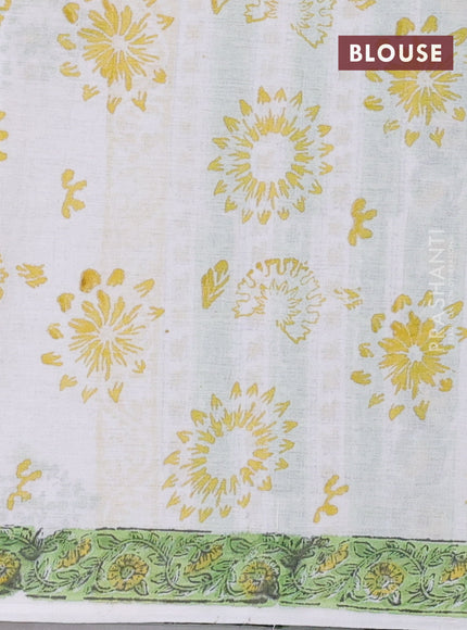 Jaipur cotton saree off white and light green with allover floral prints and printed border