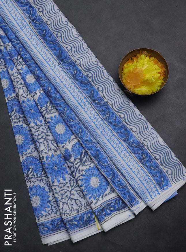 Jaipur cotton saree off white and blue with allover floral prints and printed border