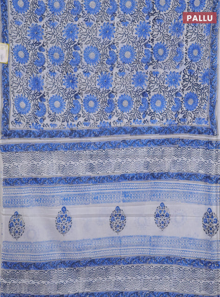 Jaipur cotton saree off white and blue with allover floral prints and printed border