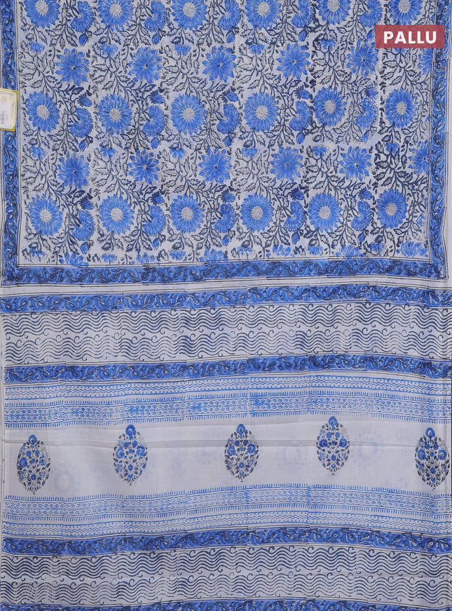 Jaipur cotton saree off white and blue with allover floral prints and printed border