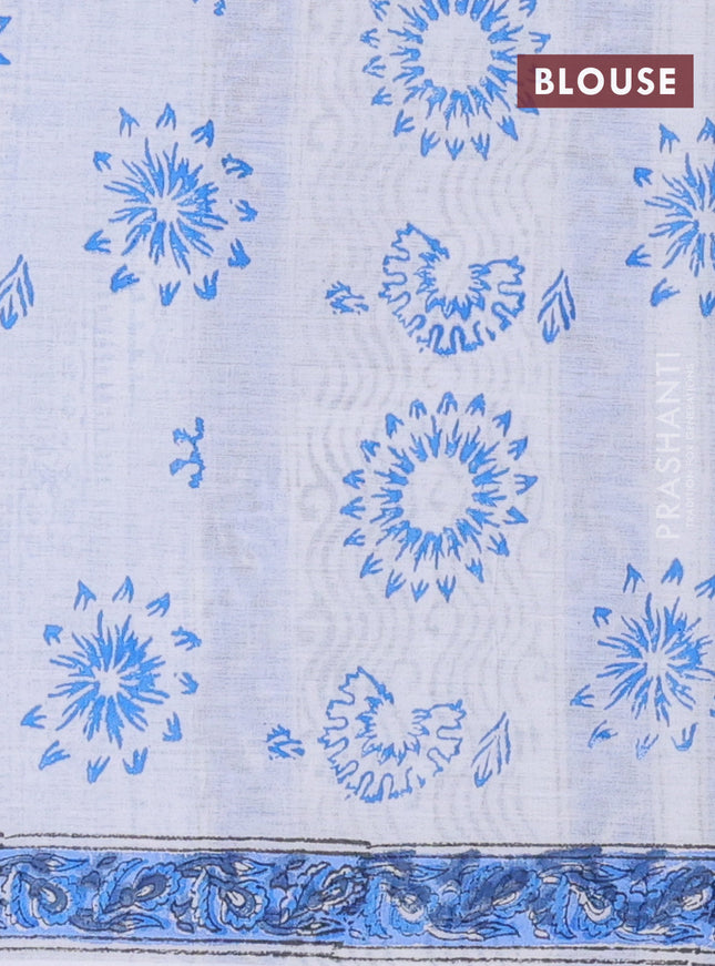 Jaipur cotton saree off white and blue with allover floral prints and printed border