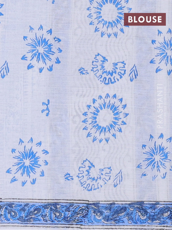 Jaipur cotton saree off white and blue with allover floral prints and printed border