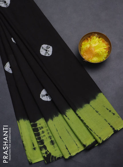 Jaipur cotton saree black and light green with batik butta prints and tie & dye border
