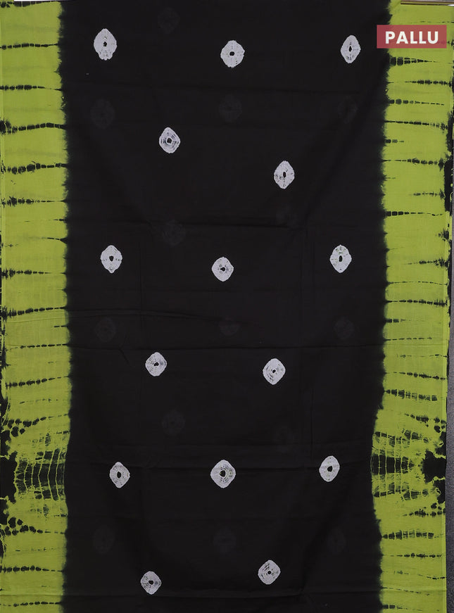 Jaipur cotton saree black and light green with batik butta prints and tie & dye border