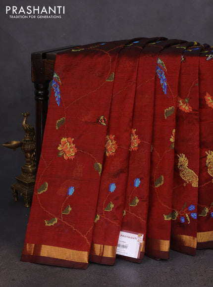 Silk cotton saree maroon with allover embroidery work and zari woven border
