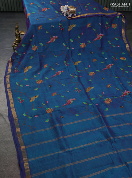 Silk cotton saree dual shade of greenish violet with allover embroidery work and zari woven border