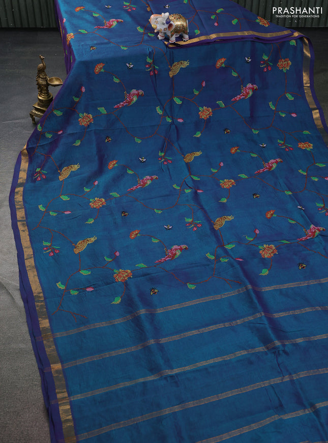 Silk cotton saree dual shade of greenish violet with allover embroidery work and zari woven border