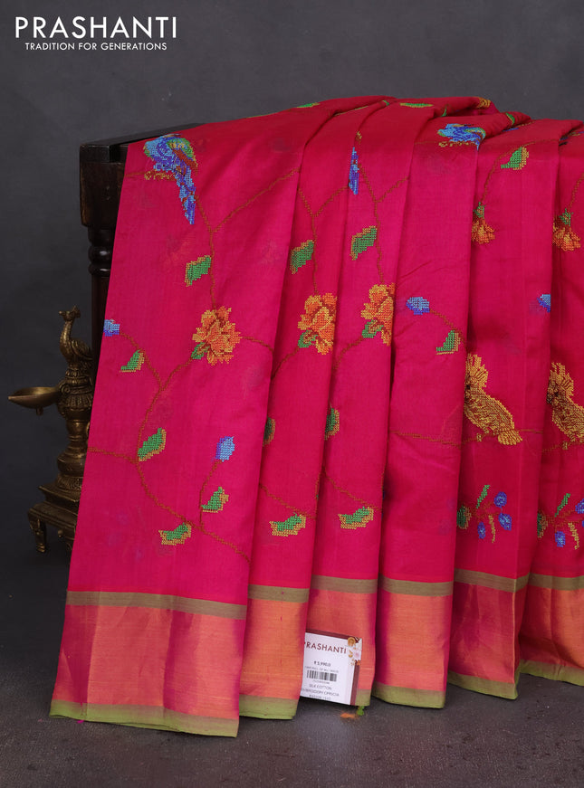 Silk cotton saree pink and light green with allover embroidery work and zari woven border