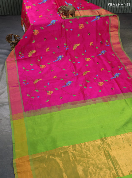 Silk cotton saree pink and light green with allover embroidery work and zari woven border
