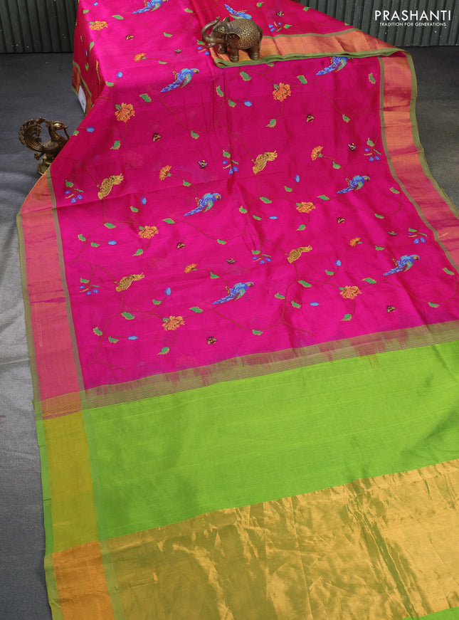 Silk cotton saree pink and light green with allover embroidery work and zari woven border