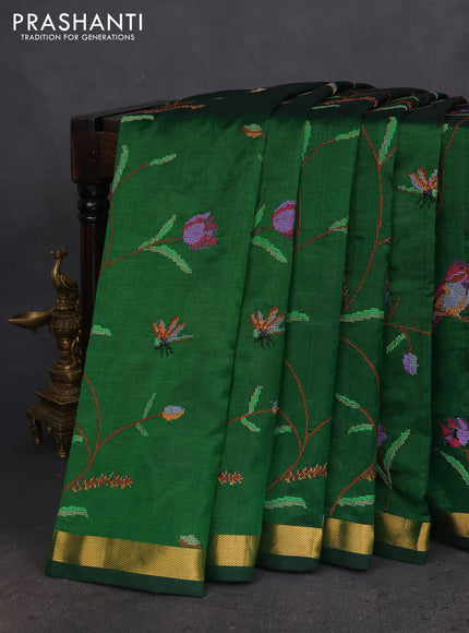 Silk cotton saree green with allover embroidery work and zari woven border