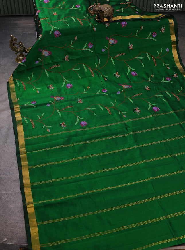 Silk cotton saree green with allover embroidery work and zari woven border