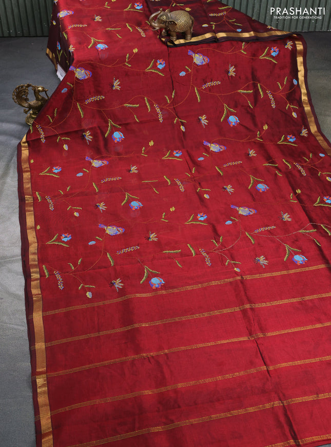 Silk cotton saree maroon with allover embroidery work and zari woven border