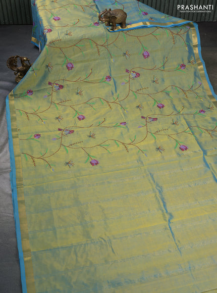 Silk cotton saree dual shade of bluish light green with allover embroidery work and zari woven border