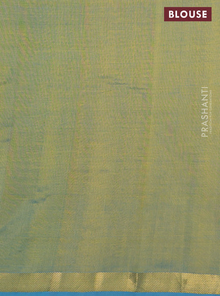 Silk cotton saree dual shade of bluish light green with allover embroidery work and zari woven border