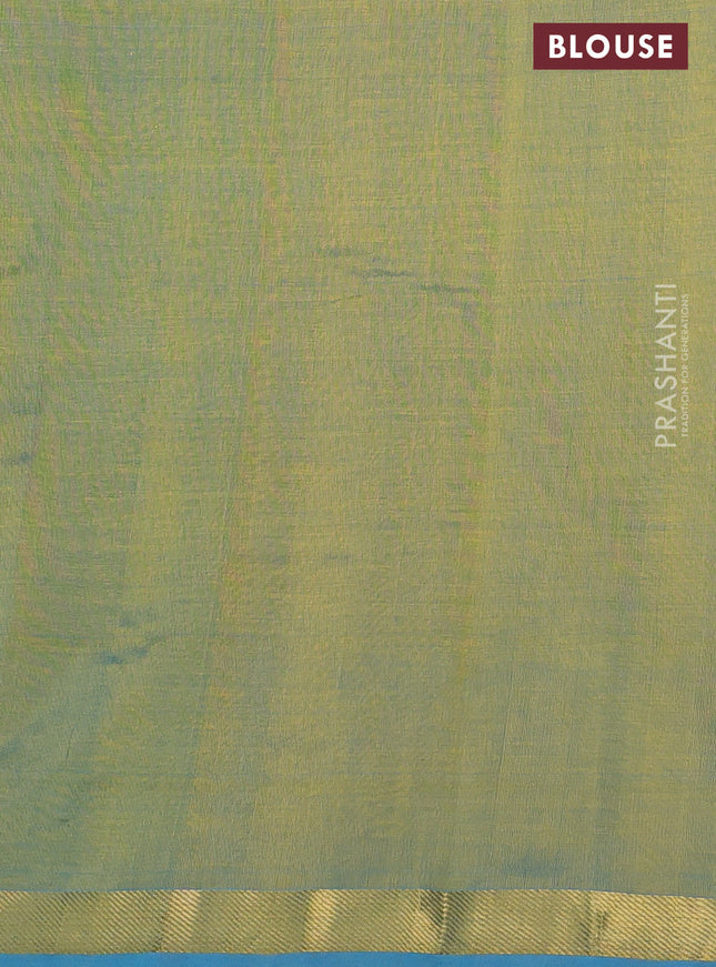 Silk cotton saree dual shade of bluish light green with allover embroidery work and zari woven border