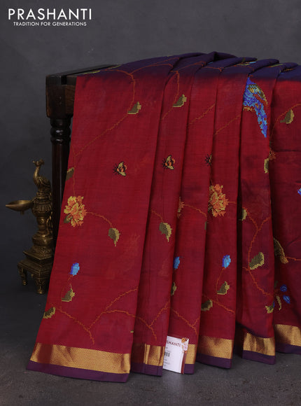 Silk cotton saree maroon with allover embroidery work and zari woven border