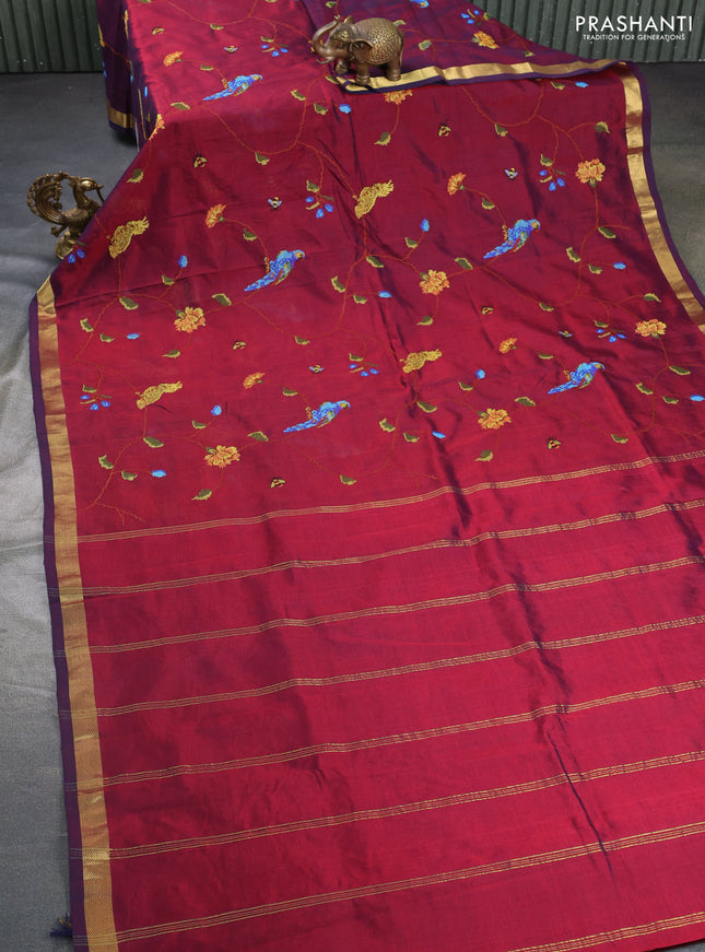 Silk cotton saree maroon with allover embroidery work and zari woven border