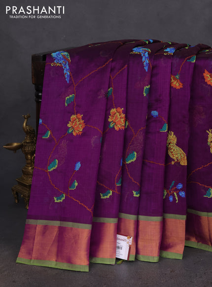 Silk cotton saree purple and light green with allover embroidery work and zari woven border