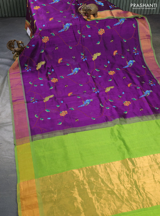 Silk cotton saree purple and light green with allover embroidery work and zari woven border