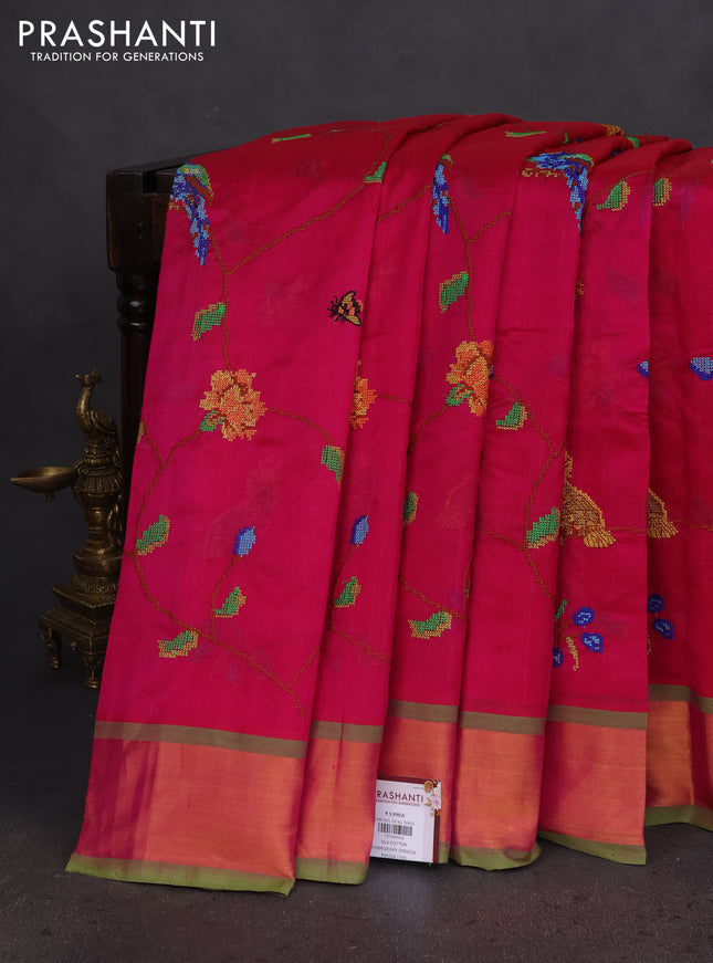 Silk cotton saree pink and light green with allover embroidery work and zari woven border
