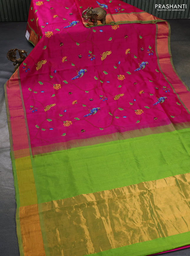 Silk cotton saree pink and light green with allover embroidery work and zari woven border