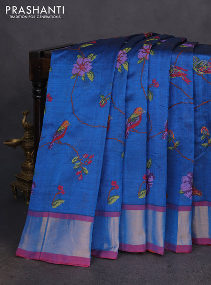 Silk cotton saree cs blue and red with allover embroidery work and zari woven border