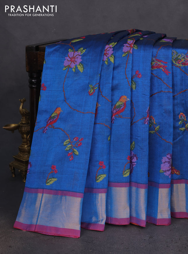 Silk cotton saree cs blue and red with allover embroidery work and zari woven border