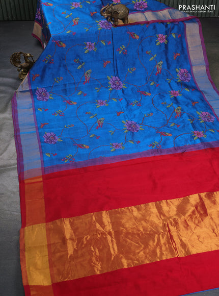 Silk cotton saree cs blue and red with allover embroidery work and zari woven border