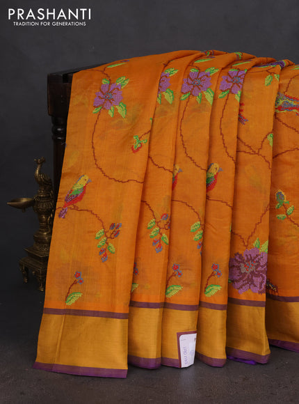 Silk cotton saree mustard yellow and violet with allover embroidery work and zari woven border
