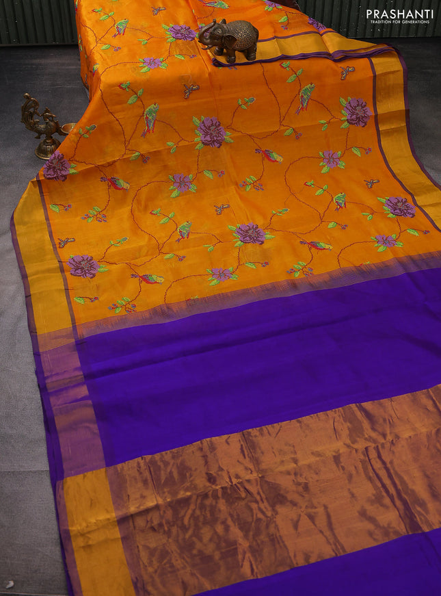 Silk cotton saree mustard yellow and violet with allover embroidery work and zari woven border