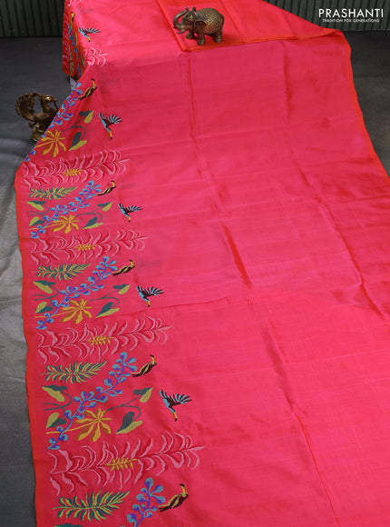 Silk cotton saree dual shade of pinkish orange with plain body and long kutchi embroidery border